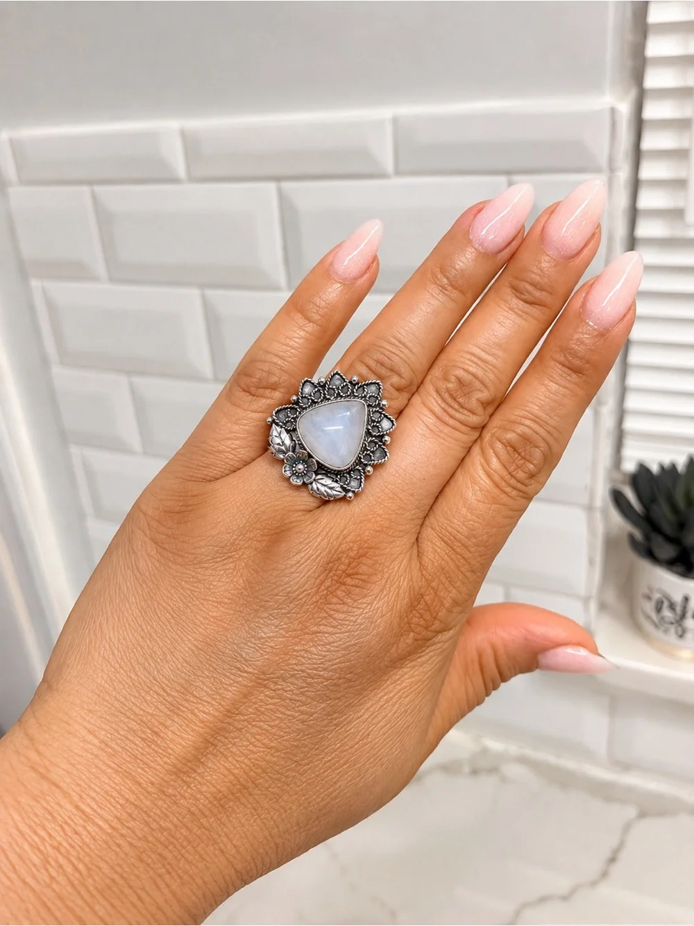 Sterling Silver Moonstone Floral Statement Ring